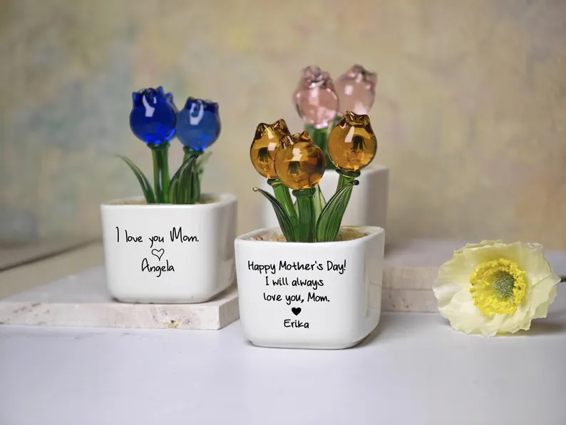 Tulip Glass Flower Potted, Gift for Mother, Happy Mothers day, Personalized Flower Pot