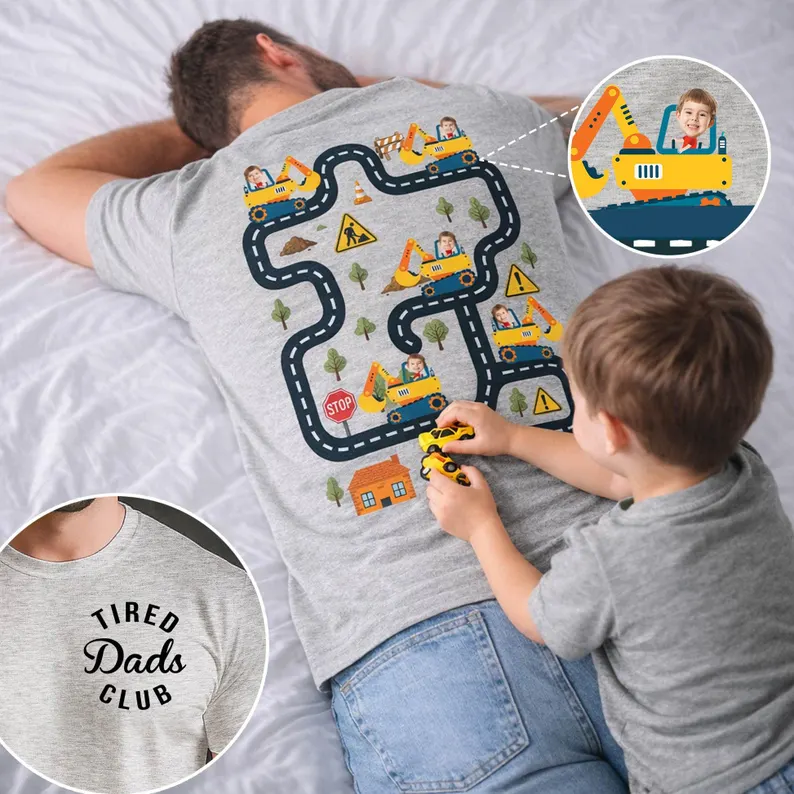 Tired Dads Club Construction Car Track Shirt, Personalized Kid Face Father Day Gift For Dad, Playing Car On Daddy Back, Car Race Track