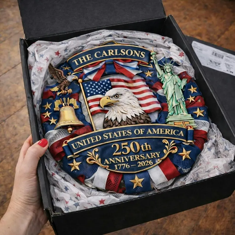 Personalized America 250th Anniversary Wood Wreath 1776-2026 Patriotic Door Sign Semiquincentennial Family Name Decor