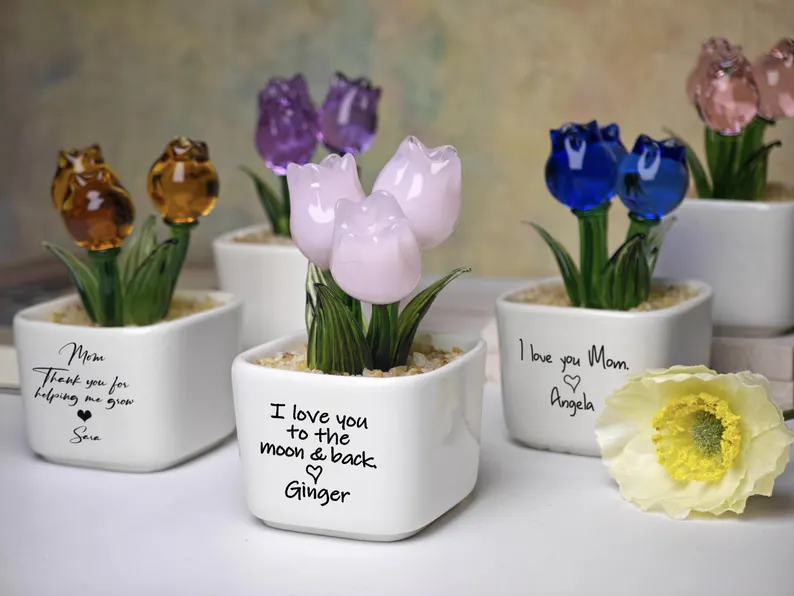 Tulip Glass Flower Potted, Gift for Mother, Happy Mothers day, Personalized Flower Pot