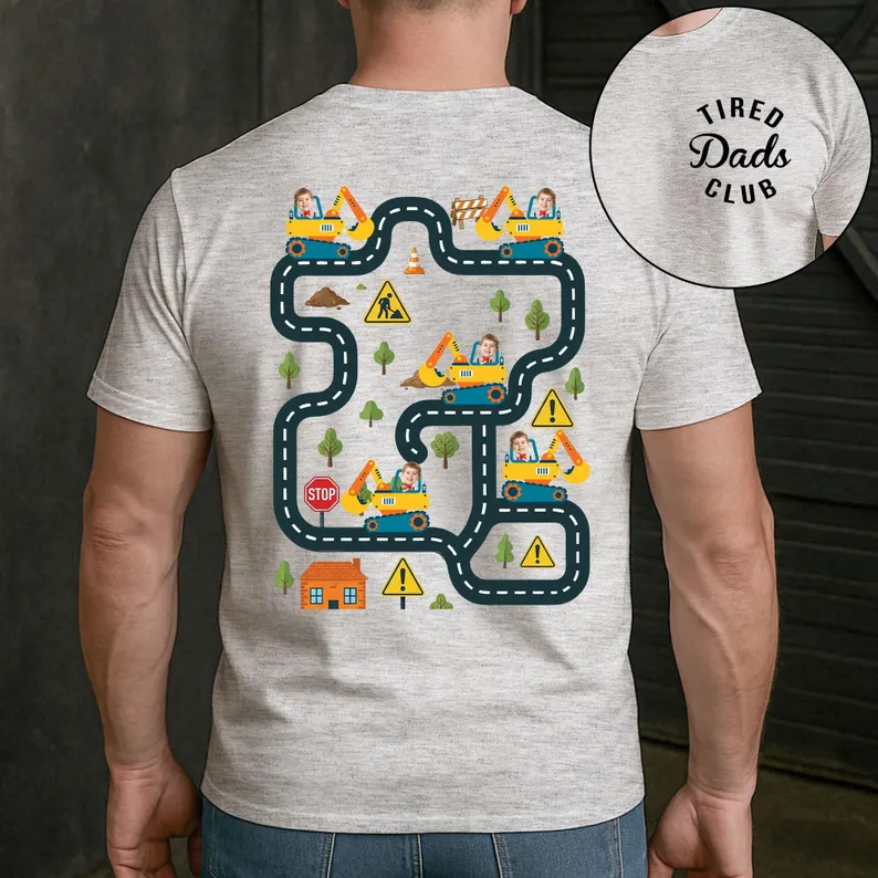 Tired Dads Club Construction Car Track Shirt, Personalized Kid Face Father Day Gift For Dad, Playing Car On Daddy Back, Car Race Track