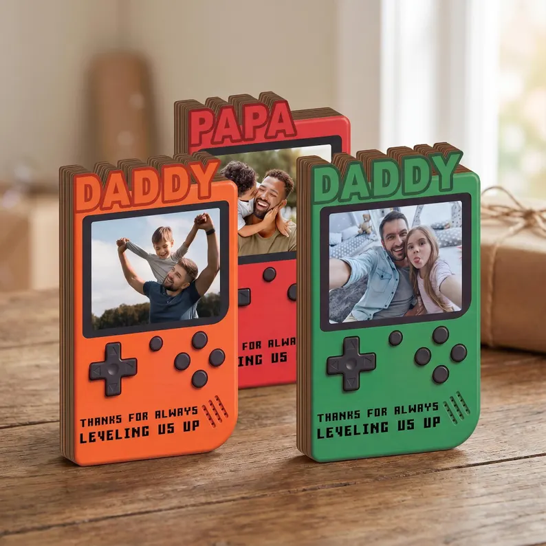 Personalized Fathers Day Gift for Gamer Dad, Custom Photo Dad Frame, Retro Game Console Photo Wooden Block Sign, Game Lover Room Decor