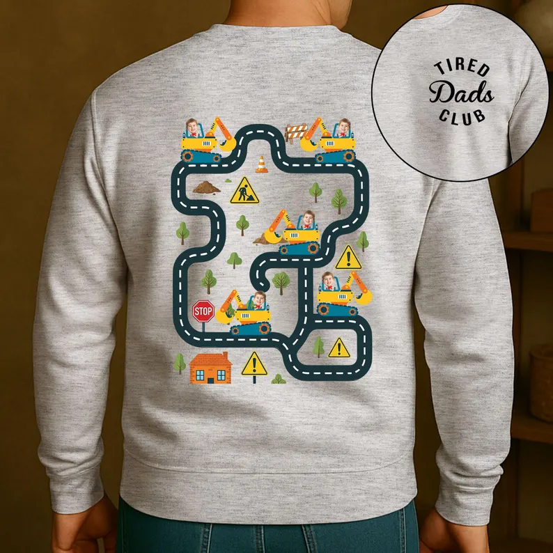Tired Dads Club Construction Car Track Shirt, Personalized Kid Face Father Day Gift For Dad, Playing Car On Daddy Back, Car Race Track