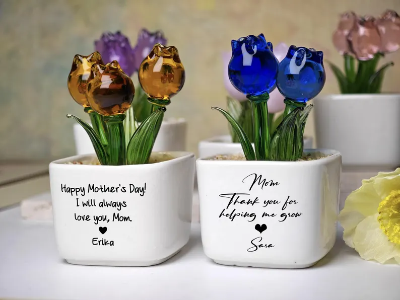 Tulip Glass Flower Potted, Gift for Mother, Happy Mothers day, Personalized Flower Pot