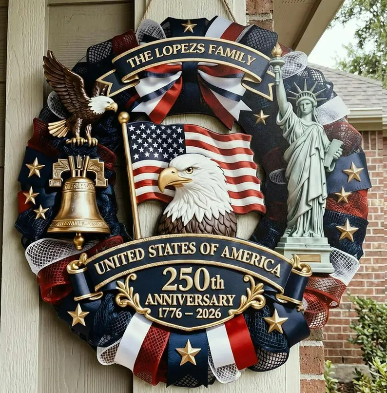 Personalized America 250th Anniversary Wood Wreath 1776-2026 Patriotic Door Sign Semiquincentennial Family Name Decor