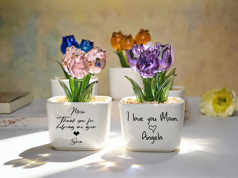 Glass Everlasting Tulips, Mom Flower Gift, Hand Blown Glass Potted, Mothers Day Gifts