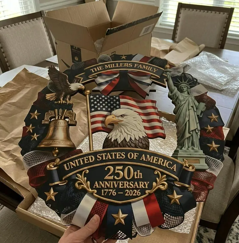 Personalized America 250th Anniversary Wood Wreath 1776-2026 Patriotic Door Sign Semiquincentennial Family Name Decor