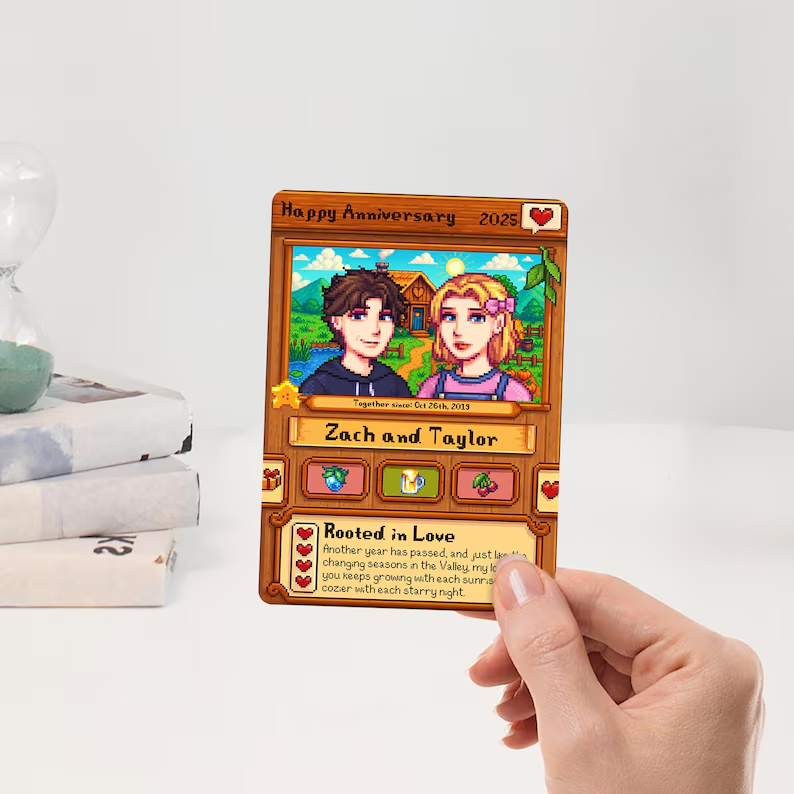 Individuelle Stardew Valley-Karte, personalisierte Jubiläumskarte, Geschenk für Paare, Geschenk zum Hochzeitstag, Geschenk für Sie oder Ihn, einzigartiges Geburtstagsgeschenk