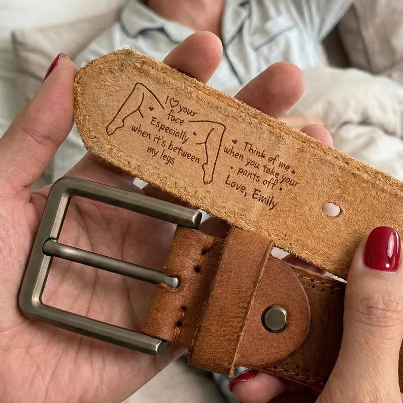 I Love Your Face Between My Legs Leather Belt For Him, Funny Valentine Gift For Husband Boyfriend, Engraved Cowhide Belt, Anniversary Gift