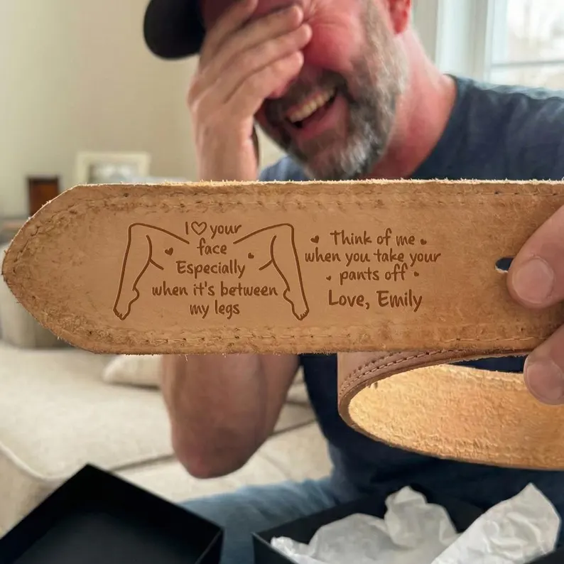 I Love Your Face Between My Legs Leather Belt For Him, Funny Valentine Gift For Husband Boyfriend, Engraved Cowhide Belt, Anniversary Gift