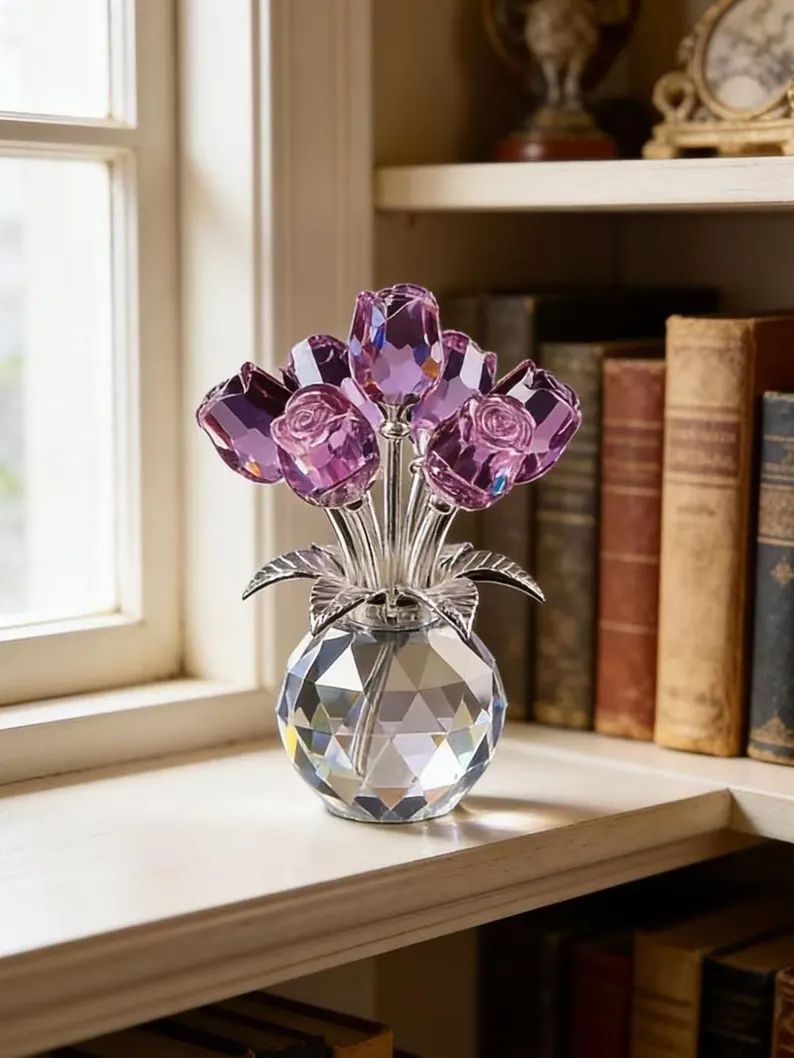 Crystal Rose Flower Ornament, Glass Rose Bouquet, Crystal Decor for Home, Crystal Glass Flower Gift for Mother's Day, anniversary, birthday