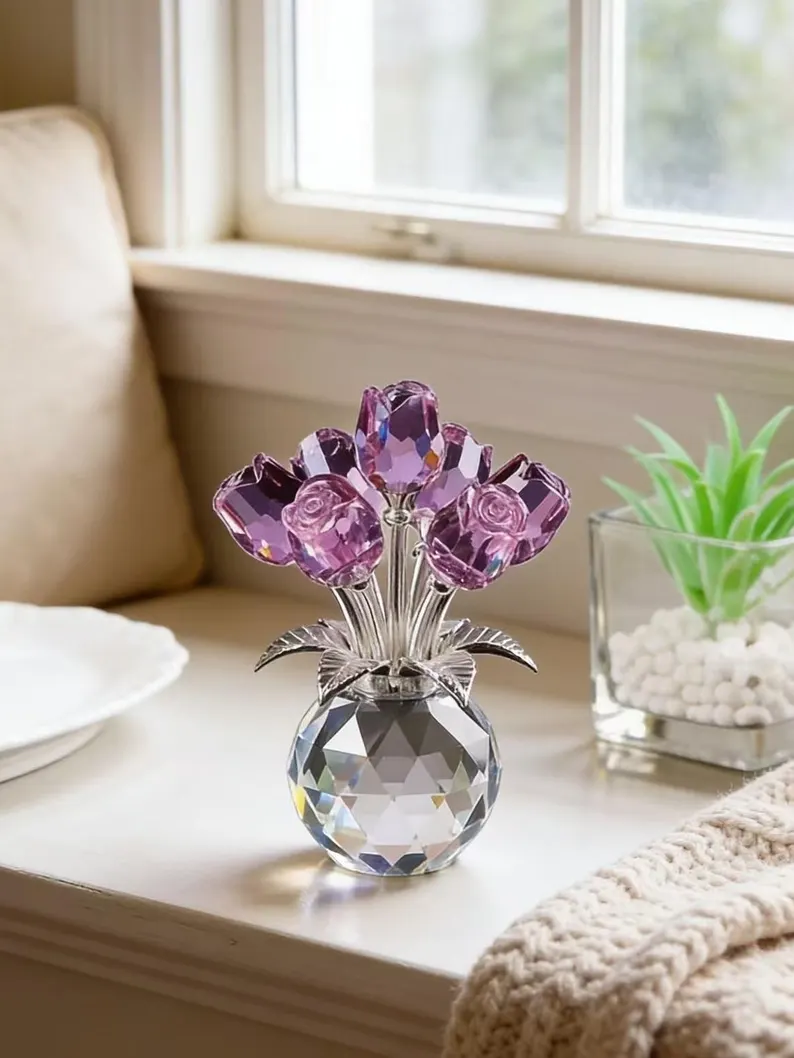 Crystal Rose Flower Ornament, Glass Rose Bouquet, Crystal Decor for Home, Crystal Glass Flower Gift for Mother's Day, anniversary, birthday