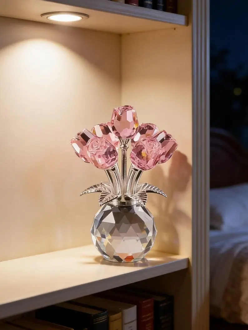 Crystal Rose Flower Ornament, Glass Rose Bouquet, Crystal Decor for Home, Crystal Glass Flower Gift for Mother's Day, anniversary, birthday