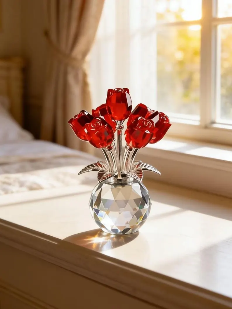 Crystal Rose Flower Ornament, Glass Rose Bouquet, Crystal Decor for Home, Crystal Glass Flower Gift for Mother's Day, anniversary, birthday