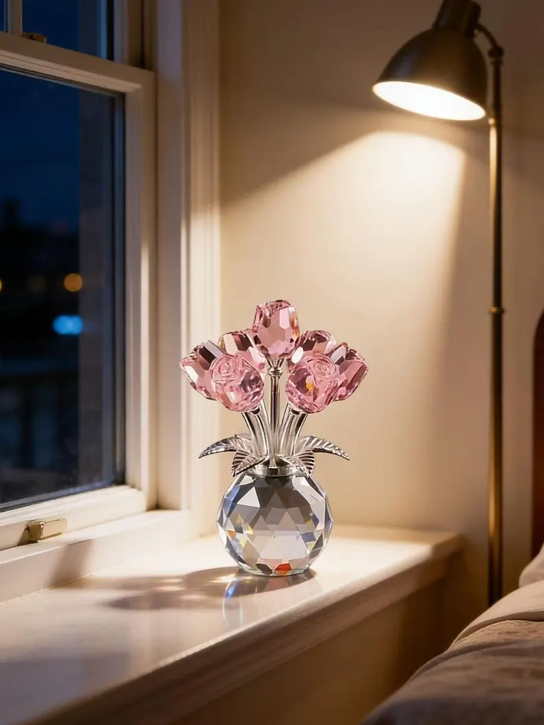 Crystal Rose Flower Ornament, Glass Rose Bouquet, Crystal Decor for Home, Crystal Glass Flower Gift for Mother's Day, anniversary, birthday