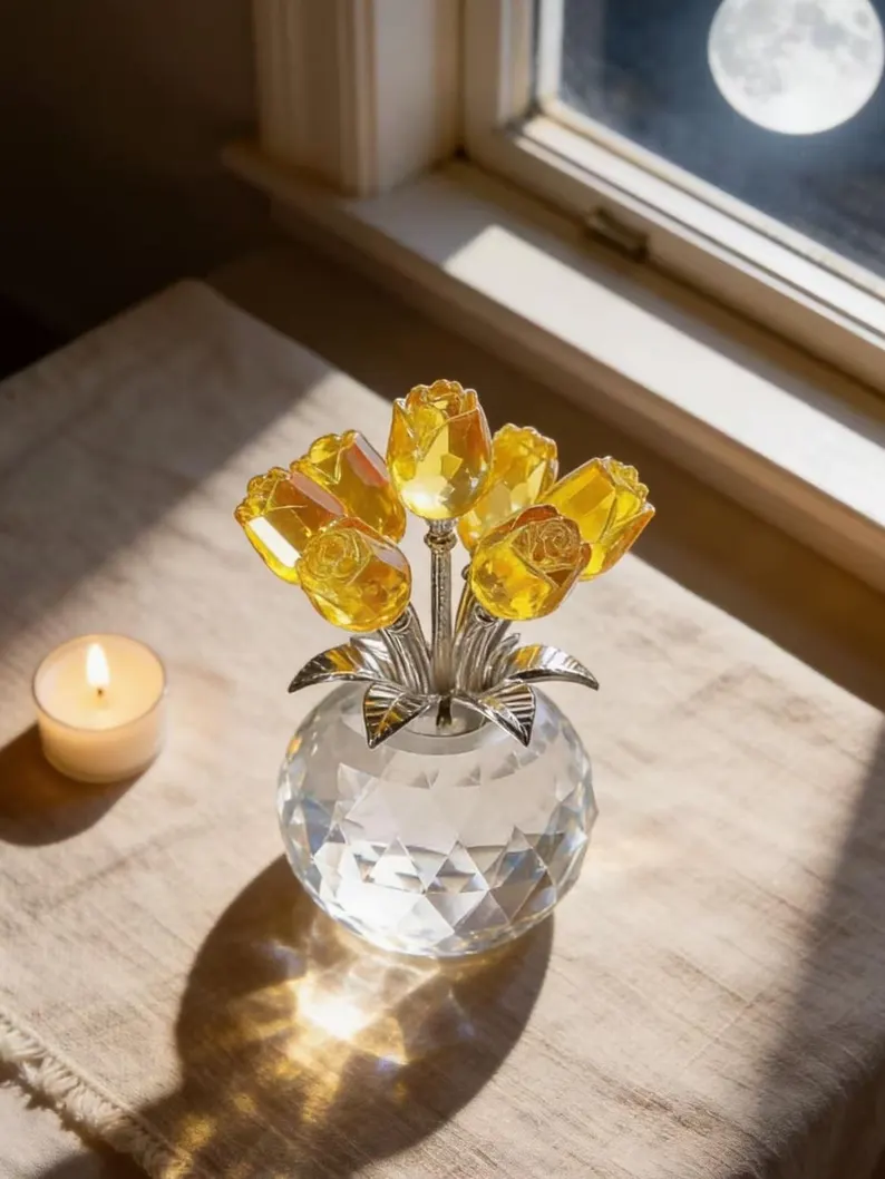 Crystal Rose Flower Ornament, Glass Rose Bouquet, Crystal Decor for Home, Crystal Glass Flower Gift for Mother's Day, anniversary, birthday