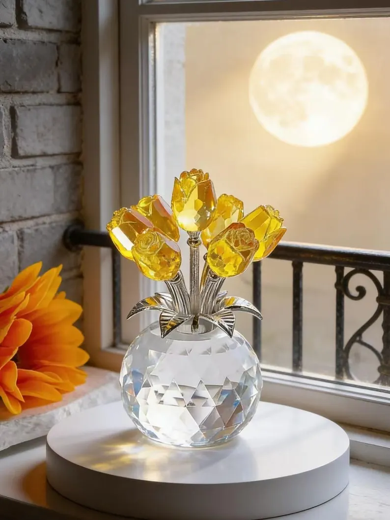 Crystal Rose Flower Ornament, Glass Rose Bouquet, Crystal Decor for Home, Crystal Glass Flower Gift for Mother's Day, anniversary, birthday