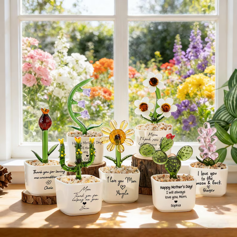 Handmade Glass Flower Pots,Mini Glass Plants,Mother's Day Gift,Housewarming Gift,Potted Plant Enthusiasts,Thank You for Helping Me Grow