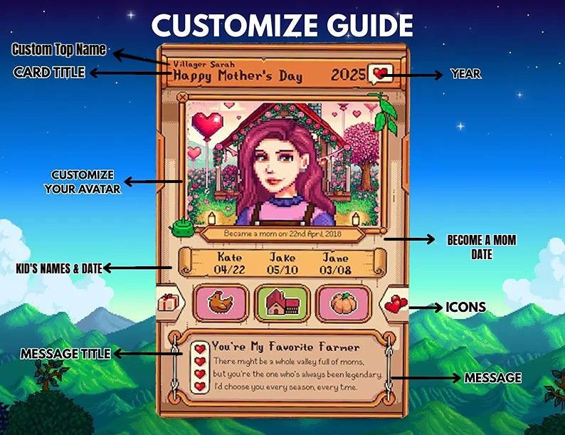 Personalized Stardew Valley Mother's Day Metal Card: Custom Mum Gift