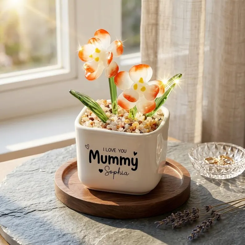 Custom Stained Glass Potted Plant,Handmade Birth Glass Flower Potted,Mother's Day Gift For Mom,Thank You for Helping Me Grow,Gift for mom