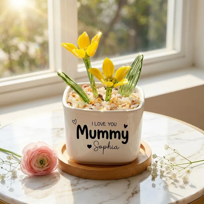 Custom Stained Glass Potted Plant,Handmade Birth Glass Flower Potted,Mother's Day Gift For Mom,Thank You for Helping Me Grow,Gift for mom