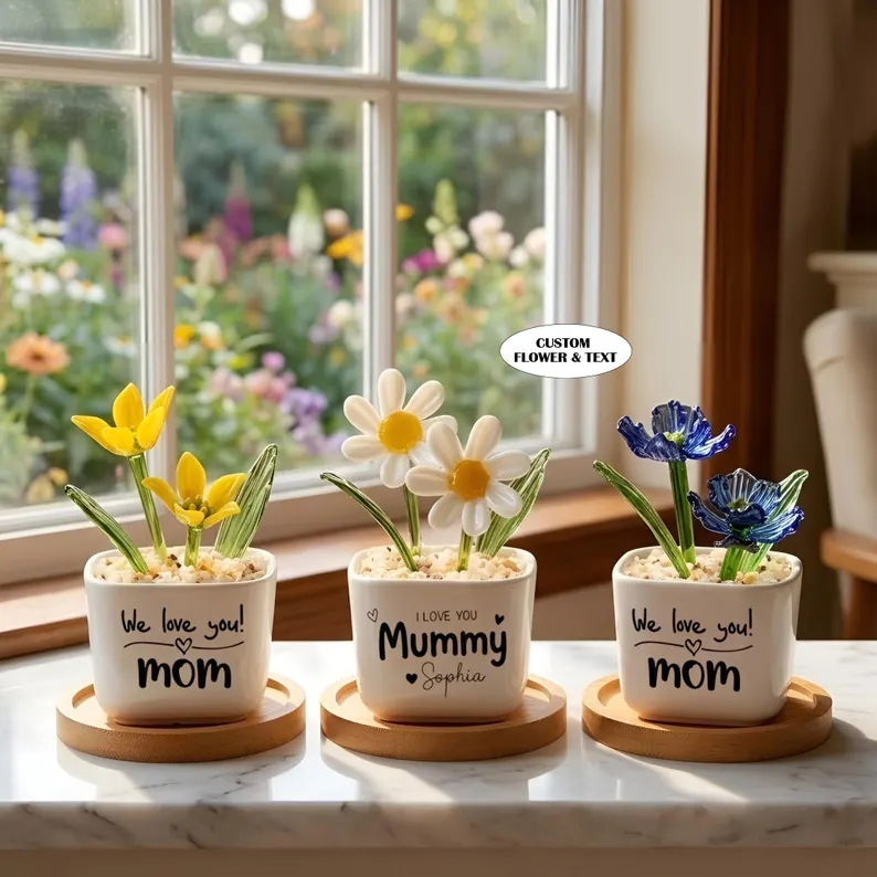 Custom Stained Glass Potted Plant,Handmade Birth Glass Flower Potted,Mother's Day Gift For Mom,Thank You for Helping Me Grow,Gift for mom