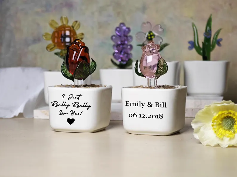 Personalized Glass Flower Rose Pot, Mother Day Gift For Mum