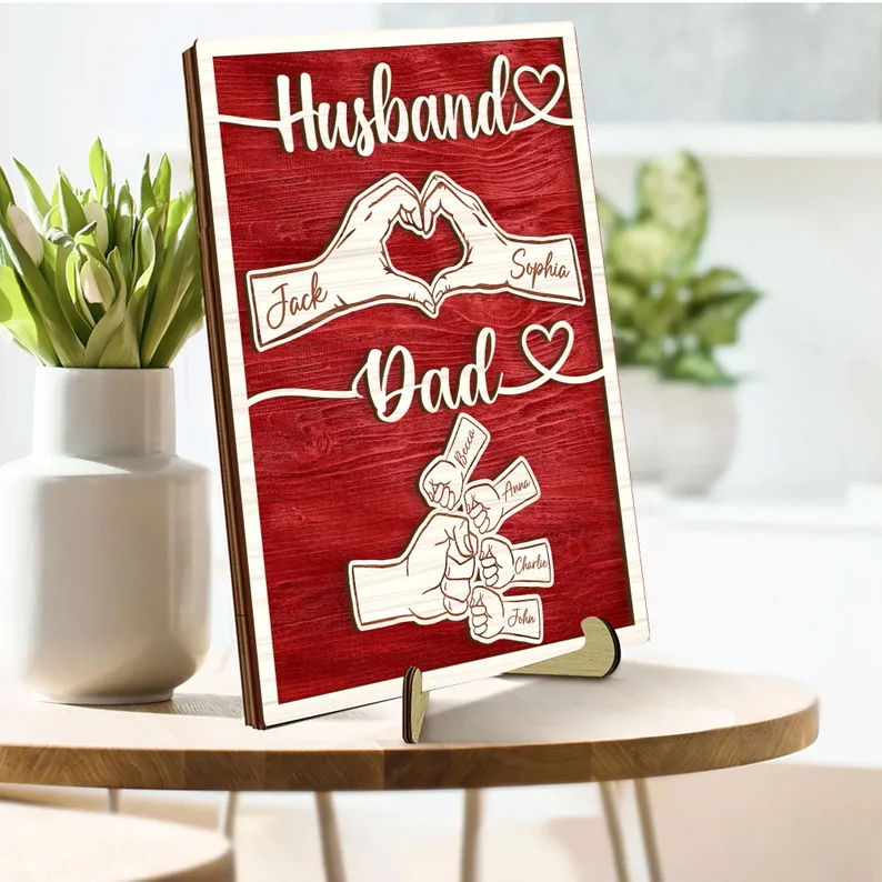 Personalized Dad Wooden Plaque, Custom Kid's Name Wooden Sign, Fist Bump Husband Wood Sign, Father's Day Gift For Dad, Husband, Him