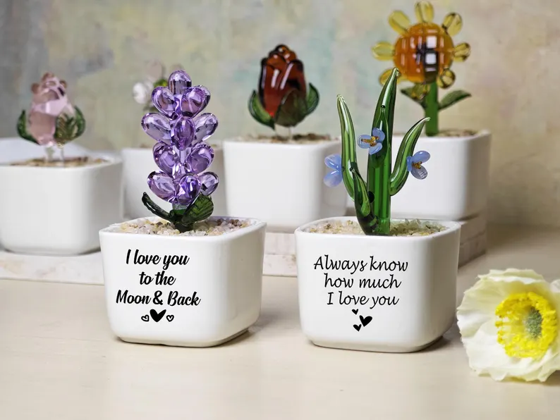 Personalized Glass Flower Rose Pot, Mother Day Gift For Mum