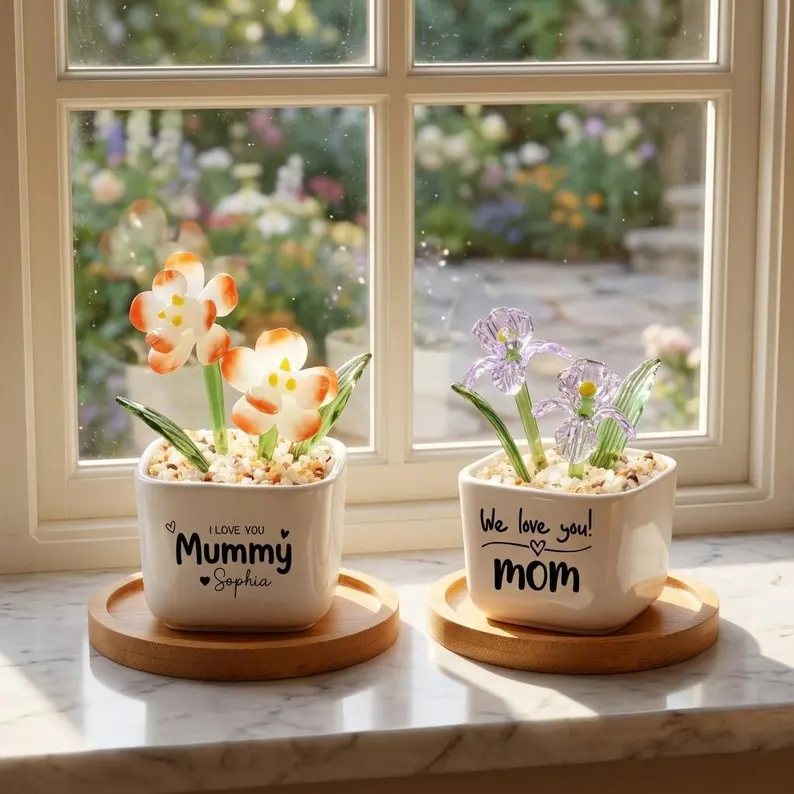 Custom Stained Glass Potted Plant,Handmade Birth Glass Flower Potted,Mother's Day Gift For Mom,Thank You for Helping Me Grow,Gift for mom
