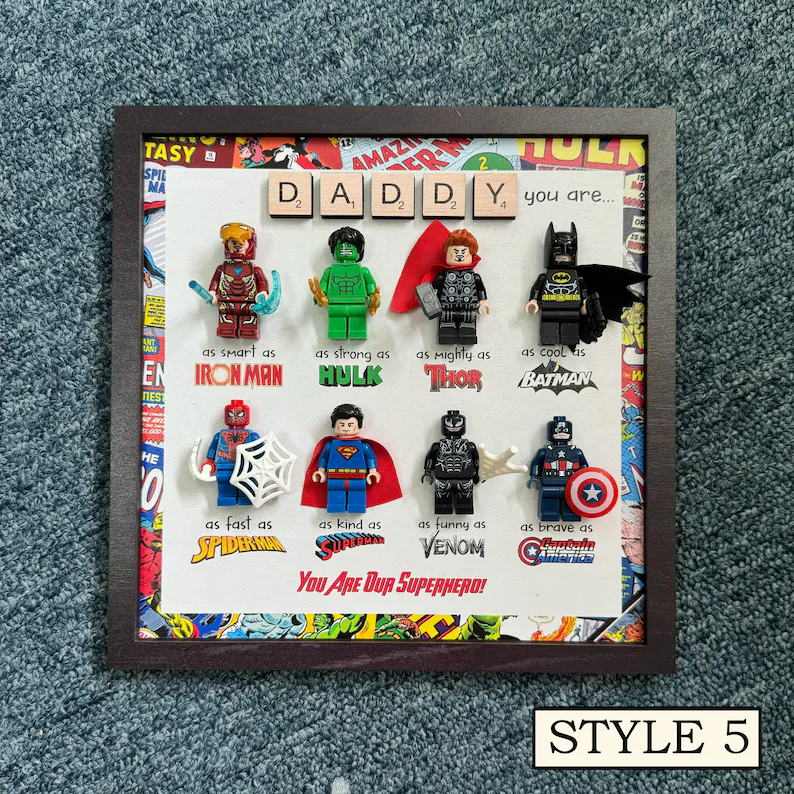 Custom Superhero Frame for Dad, LEGO Minifigure Gift, Father's Day Decor from Kids, Comic Book Frame, Unique Personalized Dad Gift