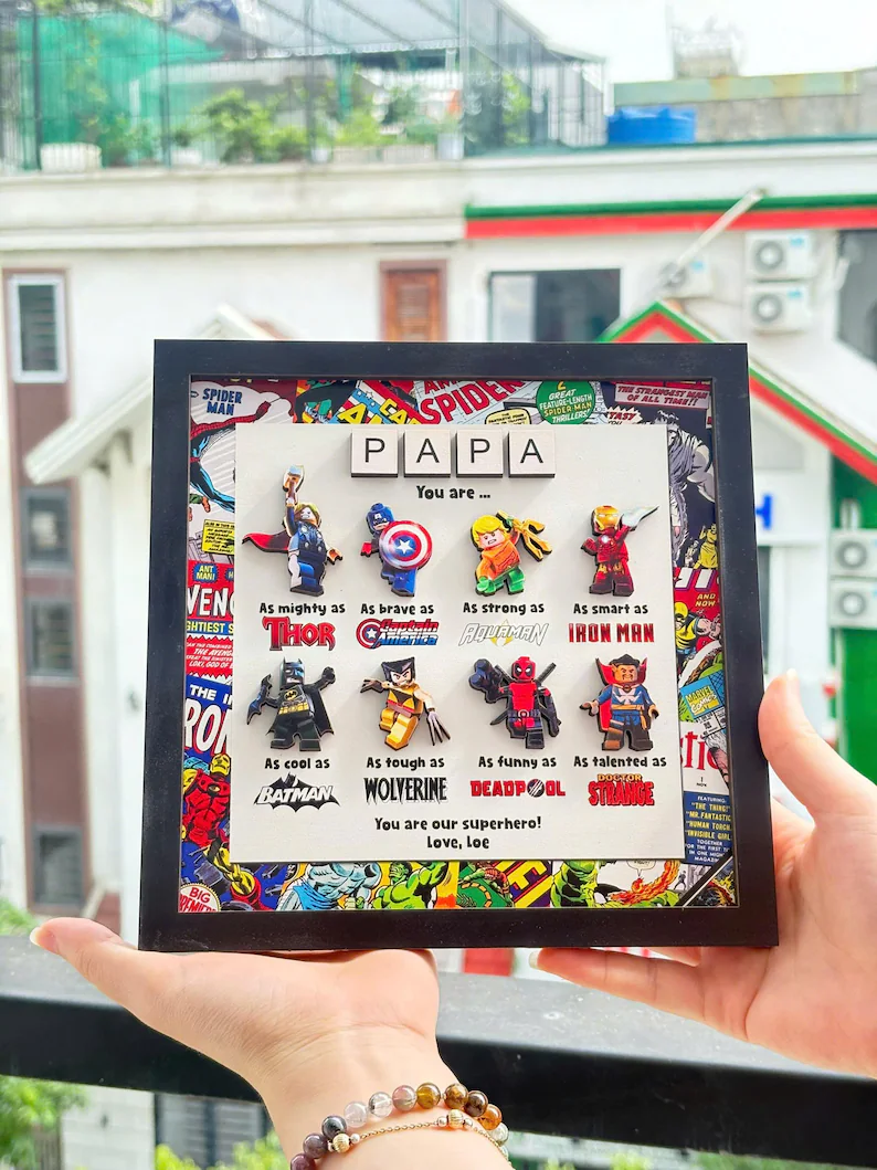 Custom Superhero Frame for Dad, LEGO Minifigure Gift, Father's Day Decor from Kids, Comic Book Frame, Unique Personalized Dad Gift