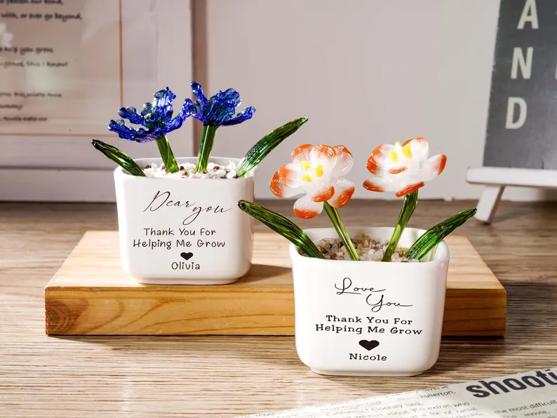 Custom Stained Glass Potted Plant,Handmade Birth Glass Flower Potted,Mother's Day Gift For Mom,Thank You for Helping Me Grow,Gift for mom
