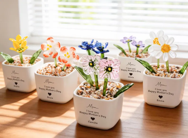 Custom Stained Glass Potted Plant,Handmade Birth Glass Flower Potted,Mother's Day Gift For Mom,Thank You for Helping Me Grow,Gift for mom