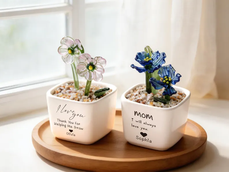 Custom Stained Glass Potted Plant,Handmade Birth Glass Flower Potted,Mother's Day Gift For Mom,Thank You for Helping Me Grow,Gift for mom
