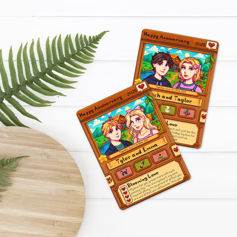 Individuelle Stardew Valley-Karte, personalisierte Jubiläumskarte, Geschenk für Paare, Geschenk zum Hochzeitstag, Geschenk für Sie oder Ihn, einzigartiges Geburtstagsgeschenk