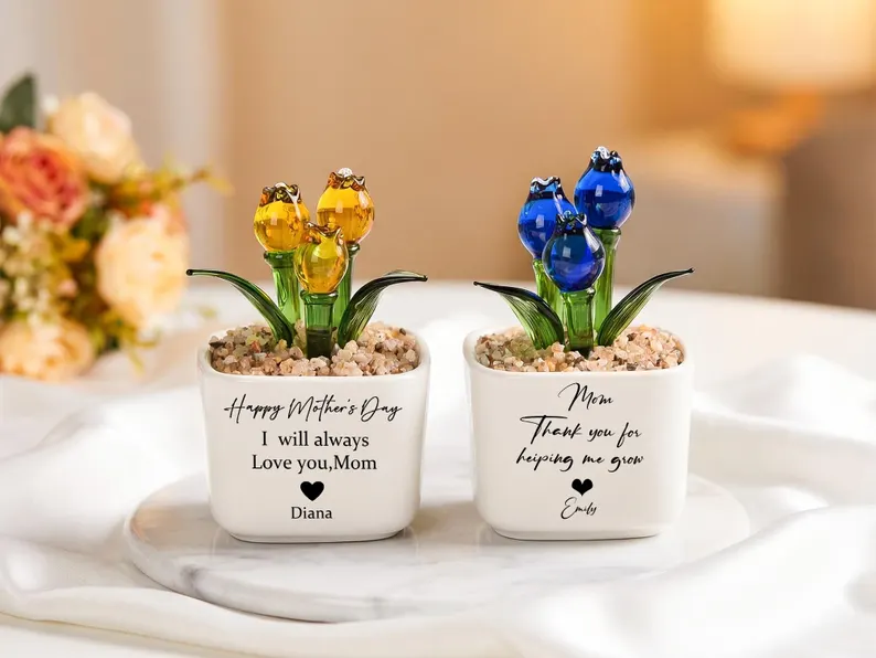 Glass Tulip Gift for Mom, Personalized Hand Blown Flower Pot, Mother's Day Gift, Custom Everlasting Floral Desk Decor