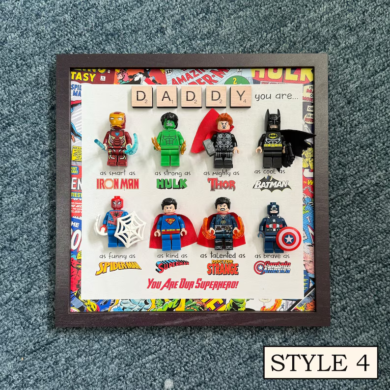 Custom Superhero Frame for Dad, LEGO Minifigure Gift, Father's Day Decor from Kids, Comic Book Frame, Unique Personalized Dad Gift