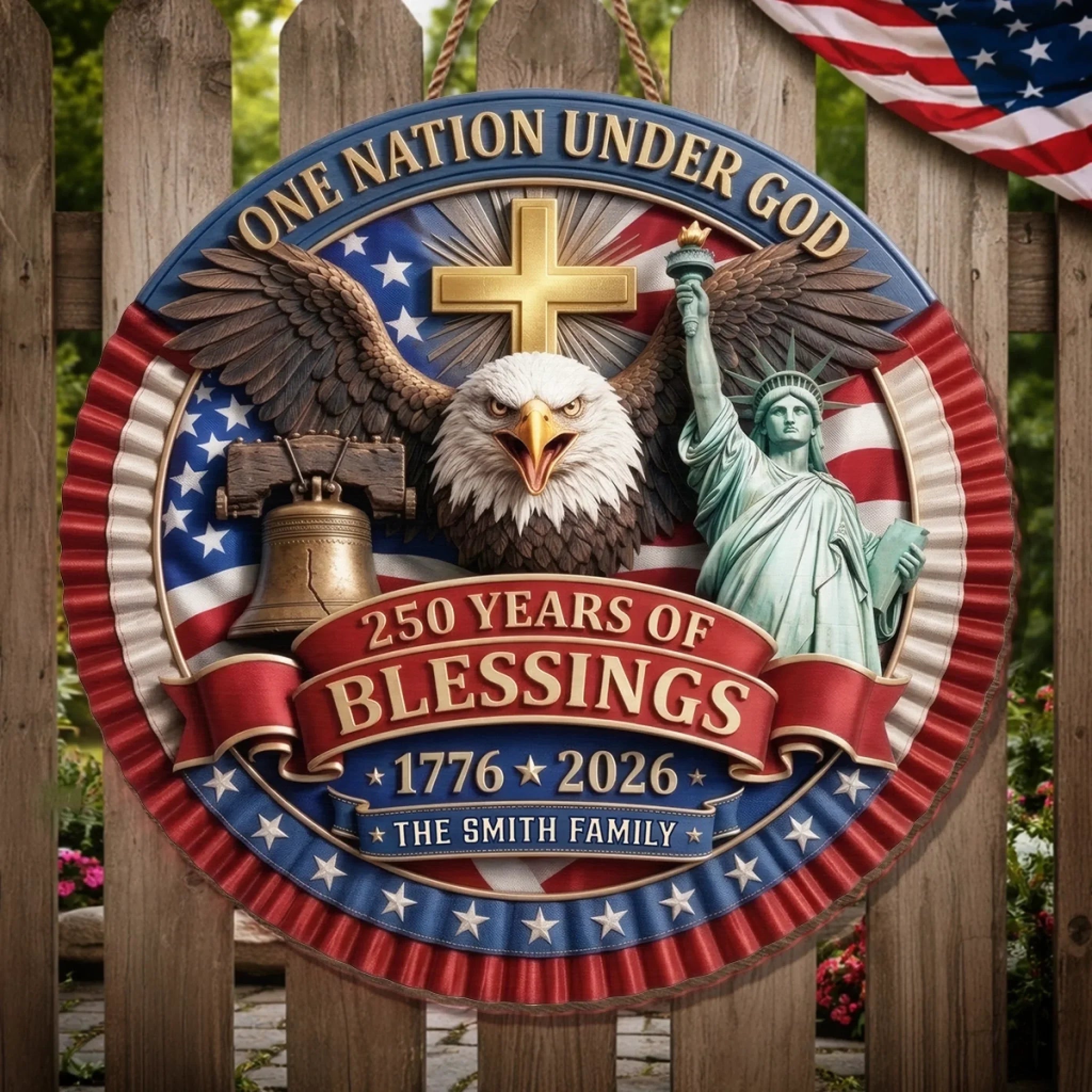 Custom Wood Sign - Personalized America 250th Anniversary Gifts For Mom, Dad, Brother, Sister, Kids - One Nation Under God