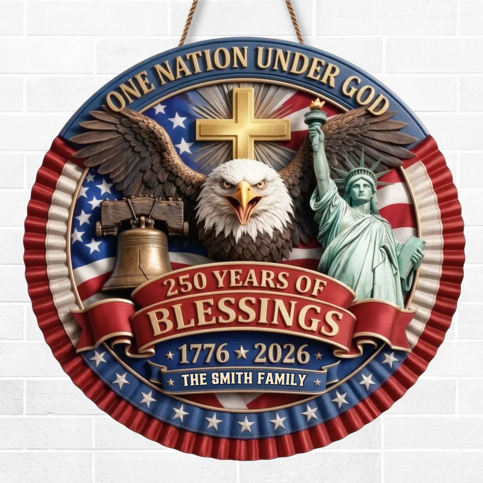 Custom Wood Sign - Personalized America 250th Anniversary Gifts For Mom, Dad, Brother, Sister, Kids - One Nation Under God