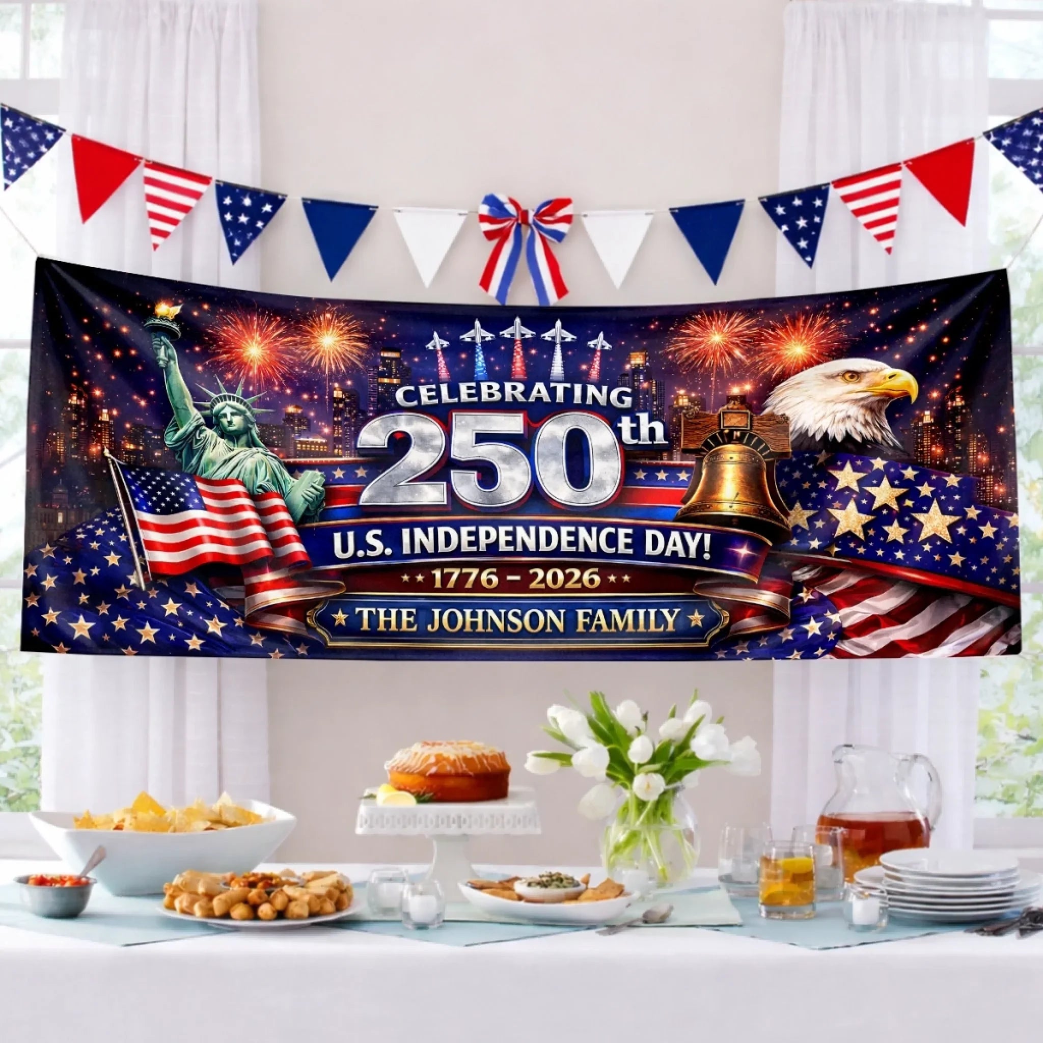 Custom Polyester Outdoor Banner - Personalized America 250th Anniversary Gifts For Mom, Dad, Brother, Sister, Kids - United We Stand Stronger Together