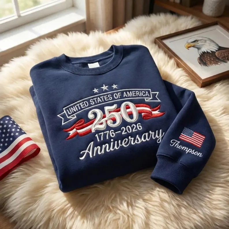 Embroidered 250th Anniversary USA Shirt 1776-2026, Mens USA Sweatshirt, Patriotic 250 Anniversary Crewneck, Women Fourth of July Sweatshirt