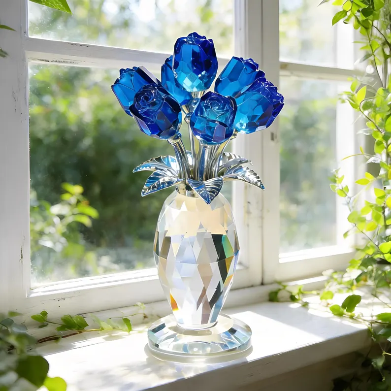 Crystal Glass Rose Flower Ornament, Glass Rose Bouquet Decor, Romantic Gift for Her Mom, Anniversary Birthday, Valentine’s Day Home Decor