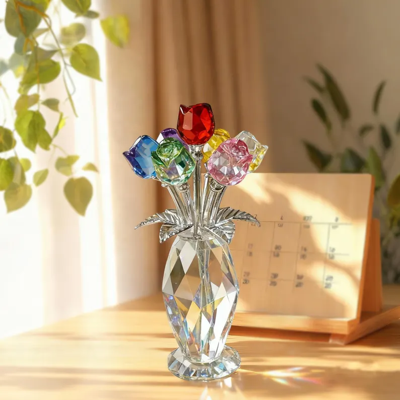 Crystal Glass Rose Flower Ornament, Glass Rose Bouquet Decor, Romantic Gift for Her Mom, Anniversary Birthday, Valentine’s Day Home Decor