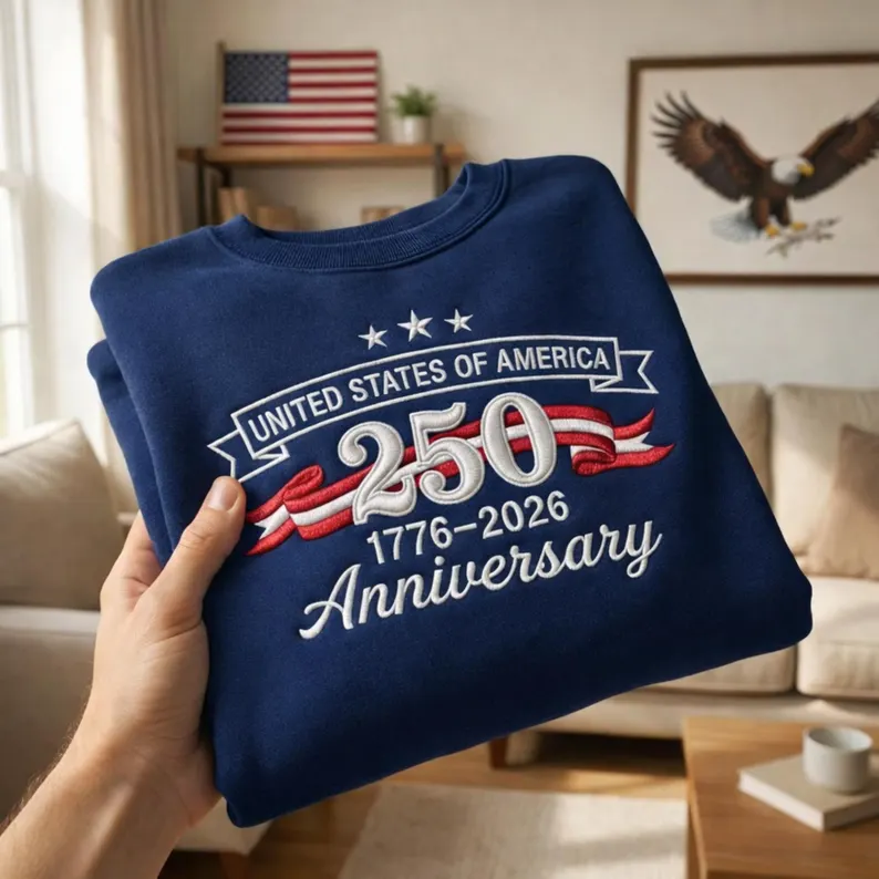 Embroidered 250th Anniversary USA Shirt 1776-2026, Mens USA Sweatshirt, Patriotic 250 Anniversary Crewneck, Women Fourth of July Sweatshirt
