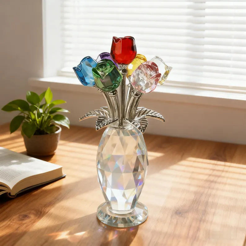 Crystal Glass Rose Flower Ornament, Glass Rose Bouquet Decor, Romantic Gift for Her Mom, Anniversary Birthday, Valentine’s Day Home Decor