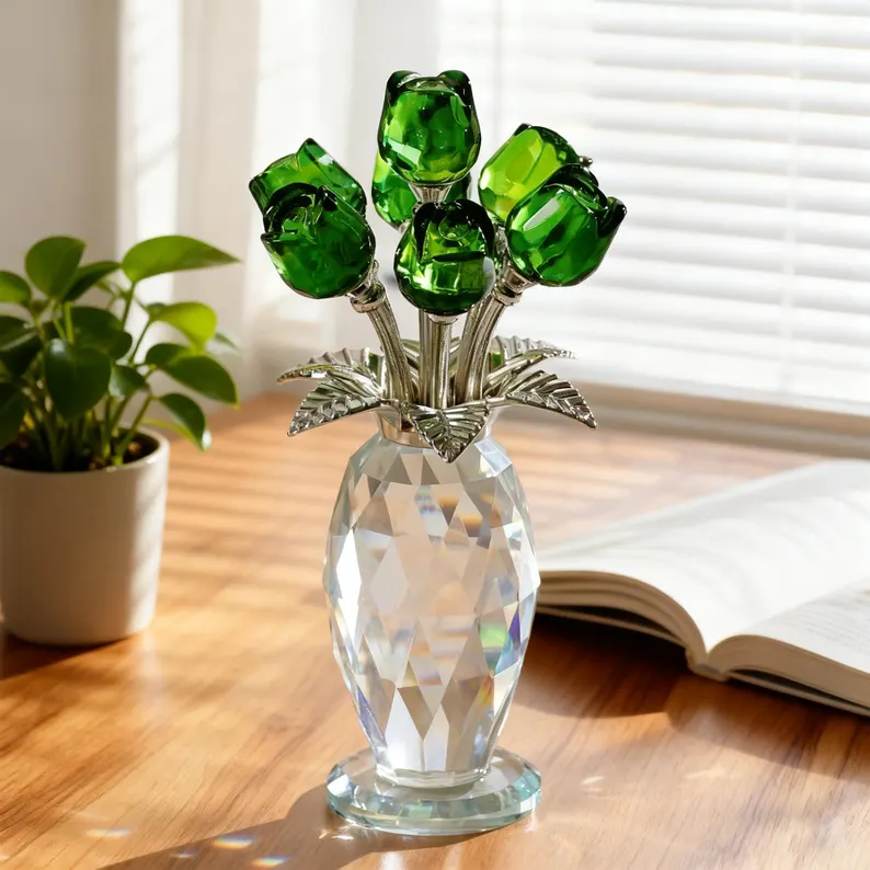 Crystal Glass Rose Flower Ornament, Glass Rose Bouquet Decor, Romantic Gift for Her Mom, Anniversary Birthday, Valentine’s Day Home Decor