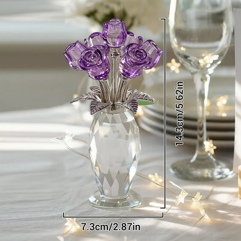 Crystal Glass Rose Flower Ornament, Glass Rose Bouquet Decor, Romantic Gift for Her Mom, Anniversary Birthday, Valentine’s Day Home Decor