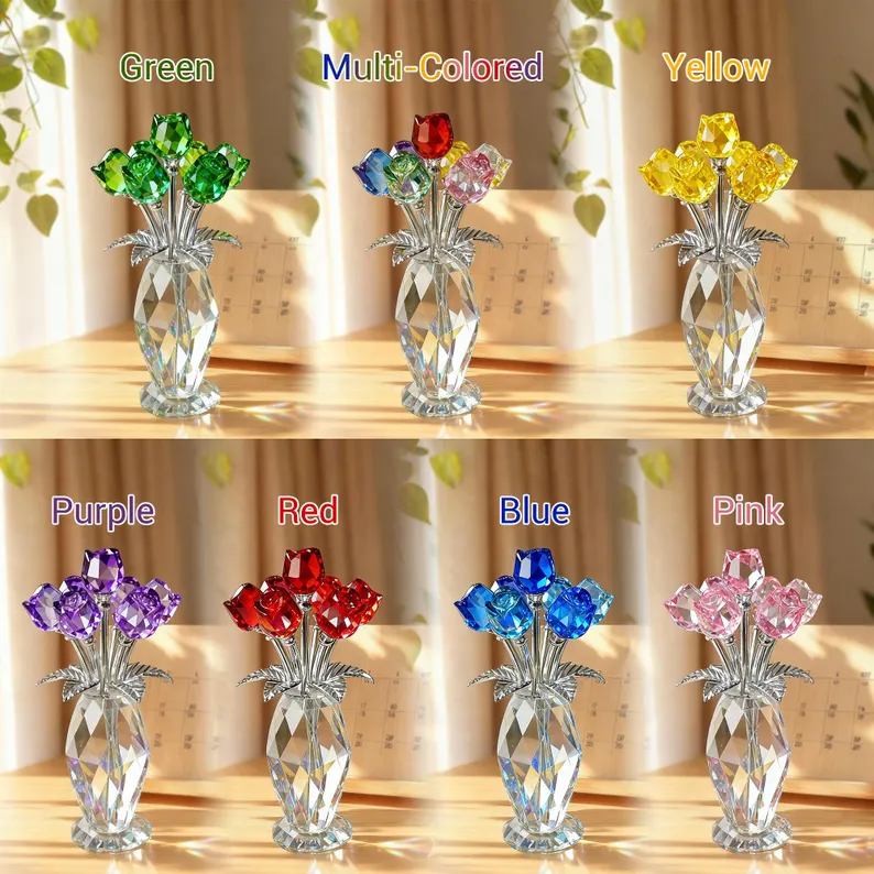 Crystal Glass Rose Flower Ornament, Glass Rose Bouquet Decor, Romantic Gift for Her Mom, Anniversary Birthday, Valentine’s Day Home Decor