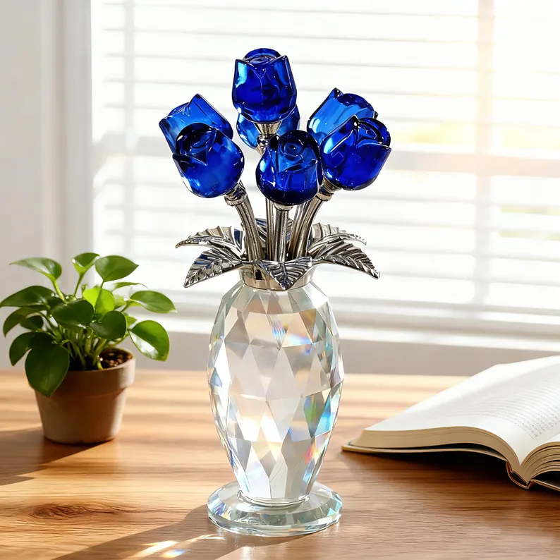 Crystal Glass Rose Flower Ornament, Glass Rose Bouquet Decor, Romantic Gift for Her Mom, Anniversary Birthday, Valentine’s Day Home Decor